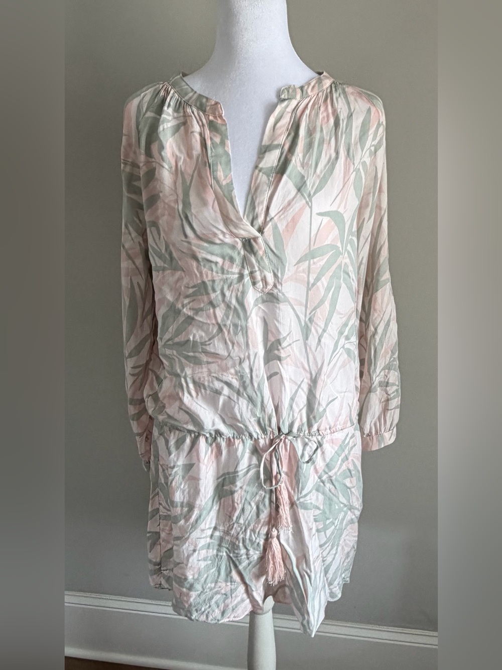 Karlie Pink and Sage Leaf-Print Mini Dress